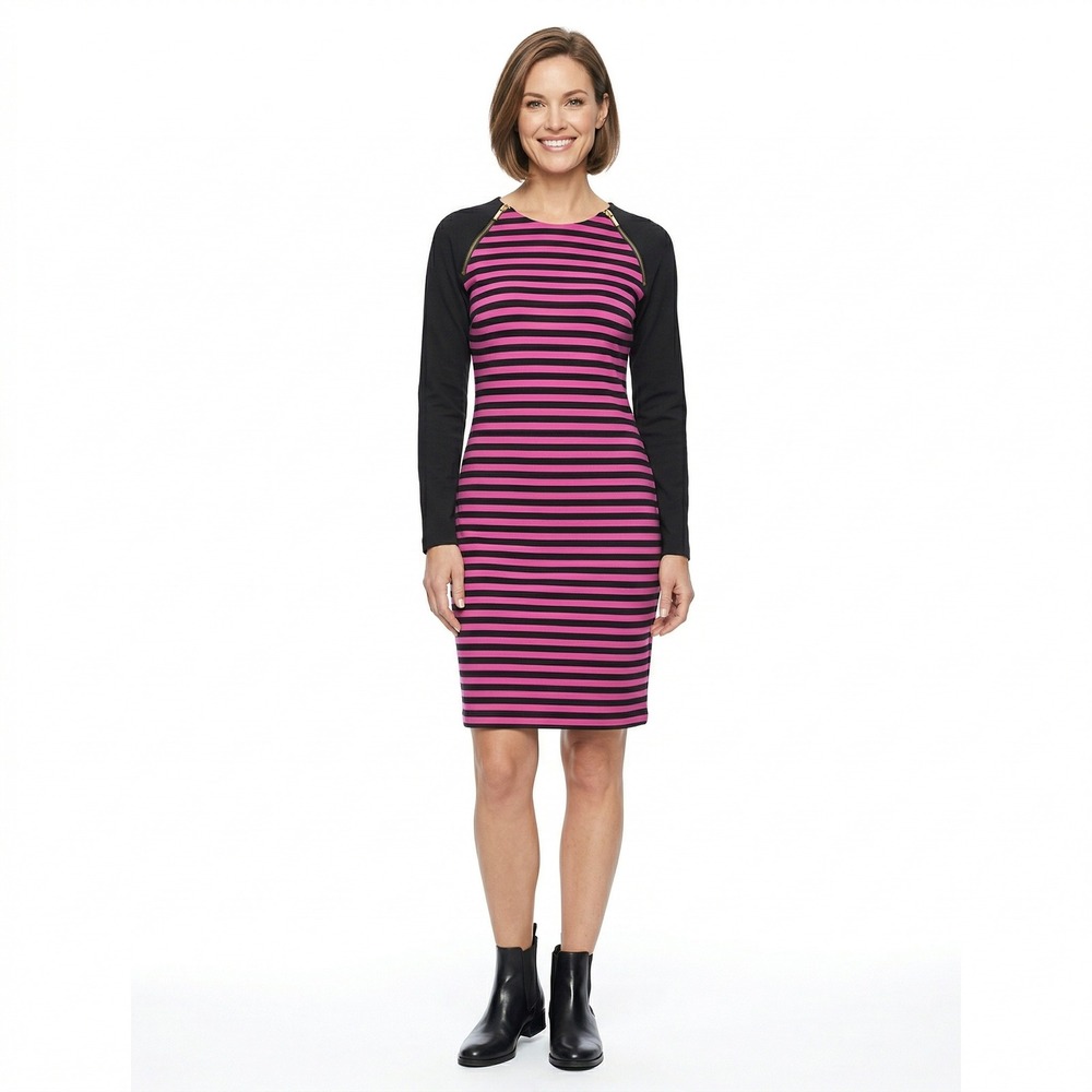 Michael Kors Pink Black Striped Sheath Dress Gold Zipper Shoulder Size 10